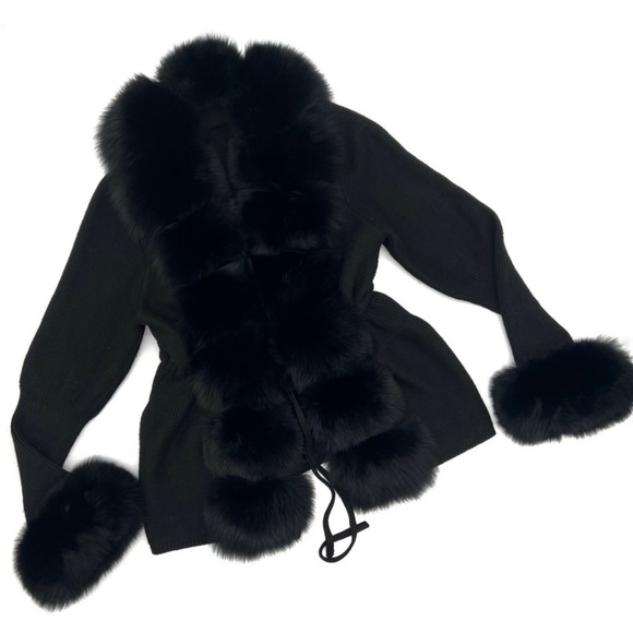 Real fox fur cardigan genuine fur collar trench coat parka jacket wool cape blaz - Picture 7 of 12